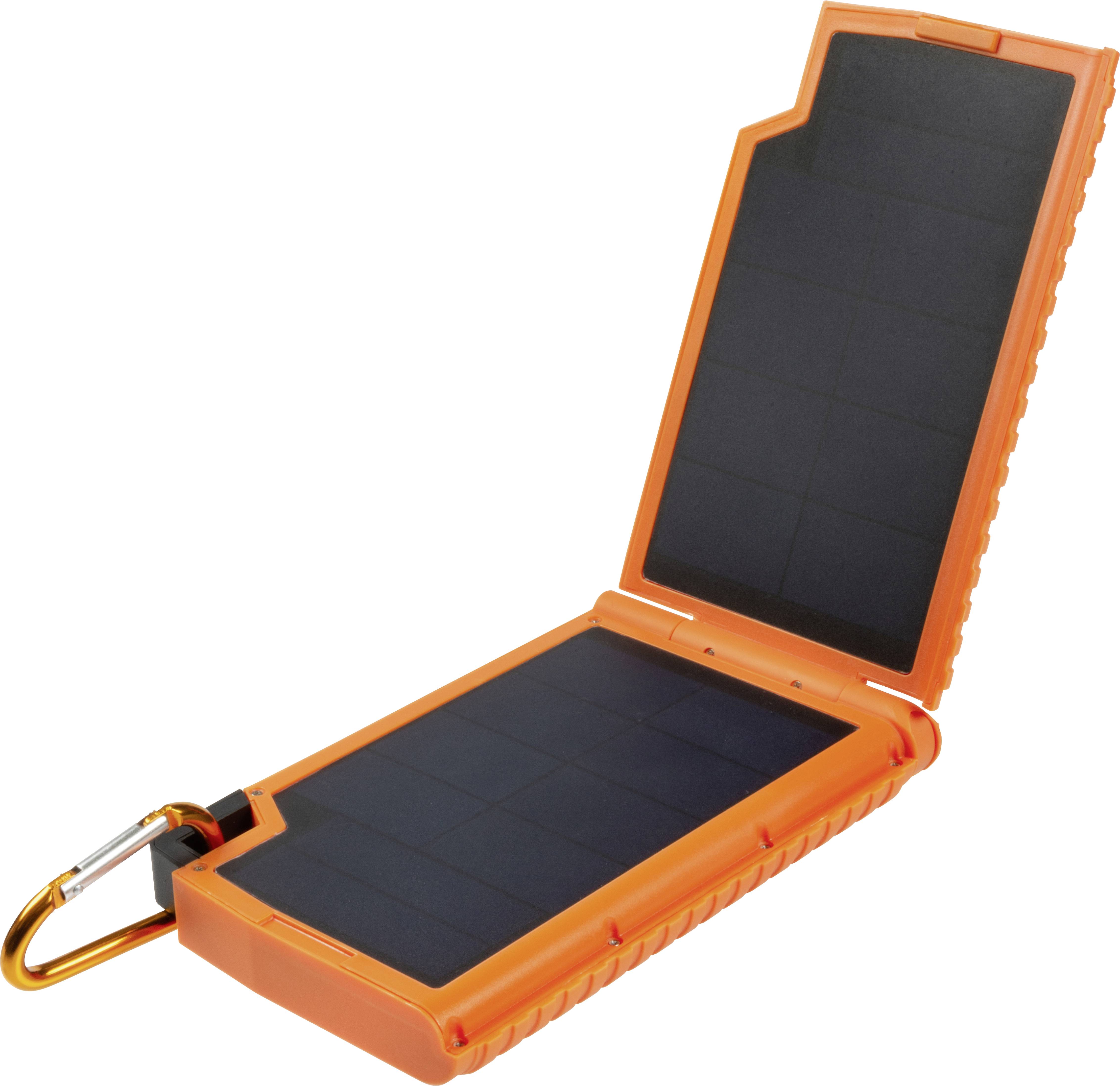 Zusammenklappbares orangefarbenes Solarladegerät mit Karabinerhaken, geöffnet, um Sonnenenergie auf zwei schwarzen Panels zu sammeln.