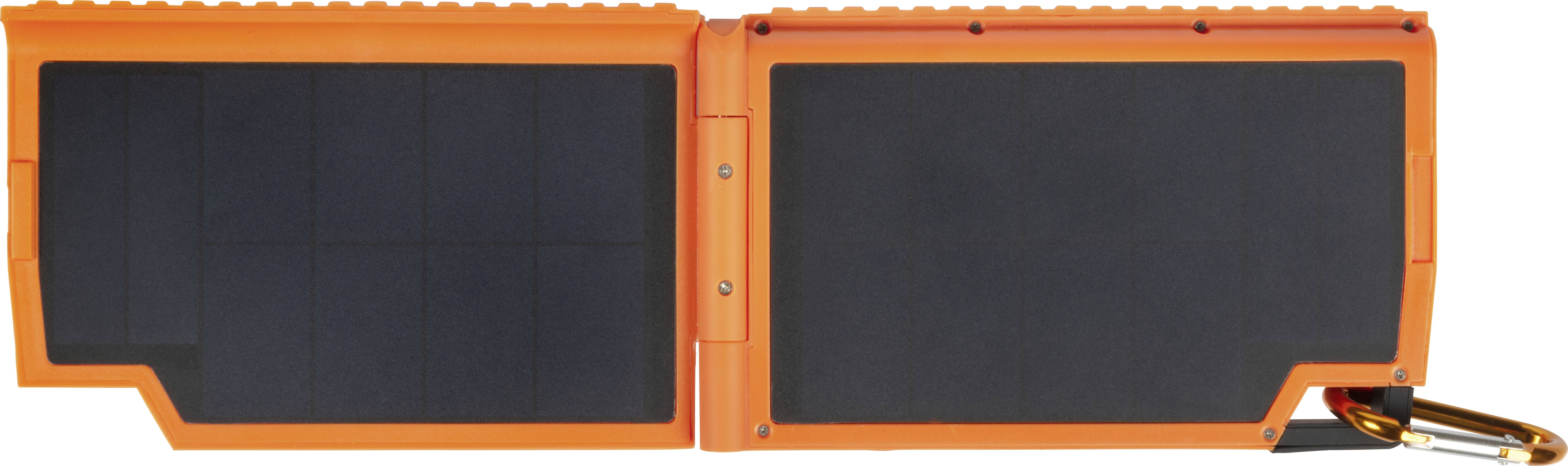 Ein orangefarbenes, tragbares Solarpanel mit zwei Paneelen nebeneinander und Anschlusskabel auf der rechten Seite.
