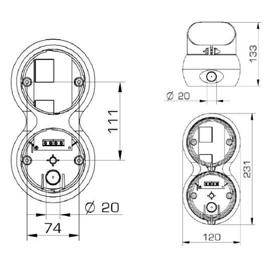 Technische Zeichnung eines ovalen Gehäuses mit Abmessungen: Gesamtlänge 111 mm, Breite 74 mm. Zeigt Innenstrukturen und Anschlüsse.
