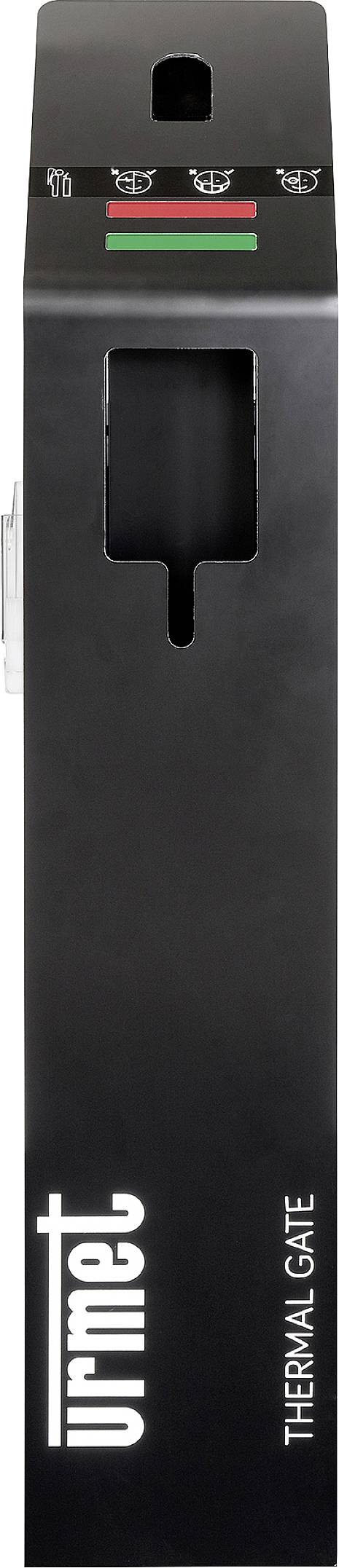 Schwarzer Thermoscanner "Thermal Gate" von Urmet zur kontaktlosen Temperaturmessung, mit Anzeigeleuchten oben.