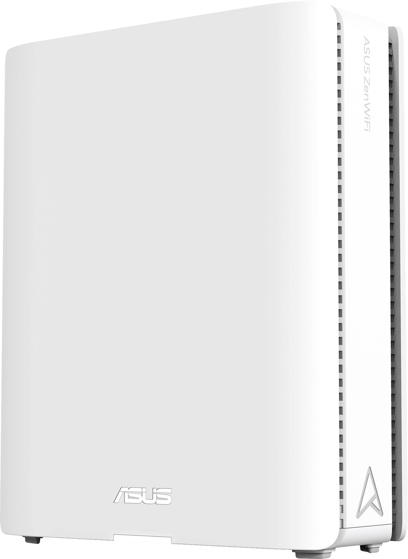 Weißer ASUS WLAN-Router mit vertikalen Lüftungsschlitzen und dezentem Logo unten. Ideal für schnelles und stabiles Internet.
