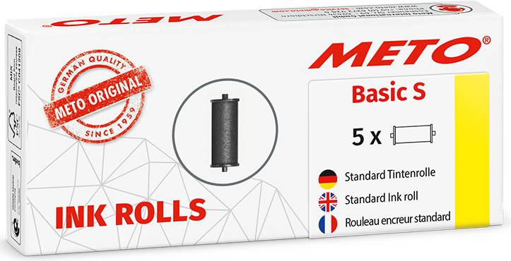 Verpackung mit der Aufschrift 'Meto Basic S Ink Rolls'. Enthält 5 schwarze Standardtintenrollen. Text in Deutsch, Englisch, Französisch.