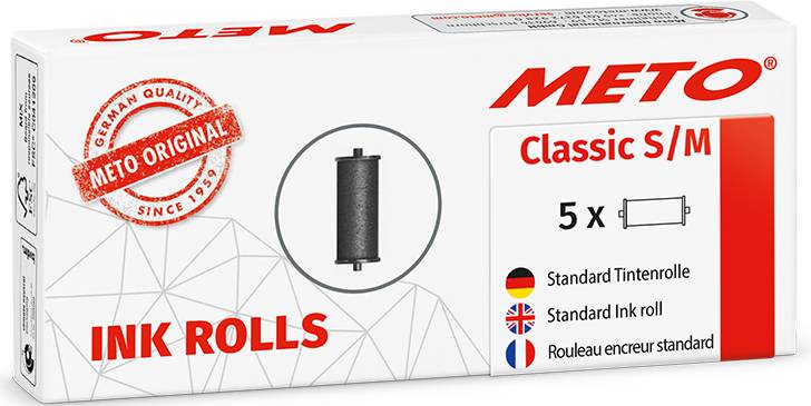 Eine Verpackung der Marke Meto zeigt 5 Ink Rolls, Standard-Tintenrollen. Auf der Schachtel sind deutsche und britische Flaggen abgebildet.