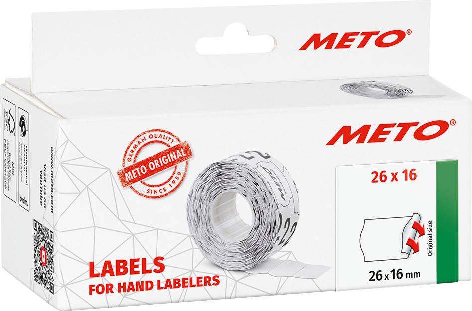 Eine Verpackung von METO Preisschildern für Handetikettierer, Größe 26x16 mm, mit Aufdruck 'METO Original' und rot-weißer Gestaltung.