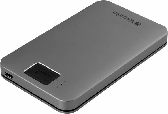 Externe Festplatte in silbernem Gehäuse mit USB-C-Anschluss und LED-Anzeigen auf der Oberseite. Markenname in der Ecke.