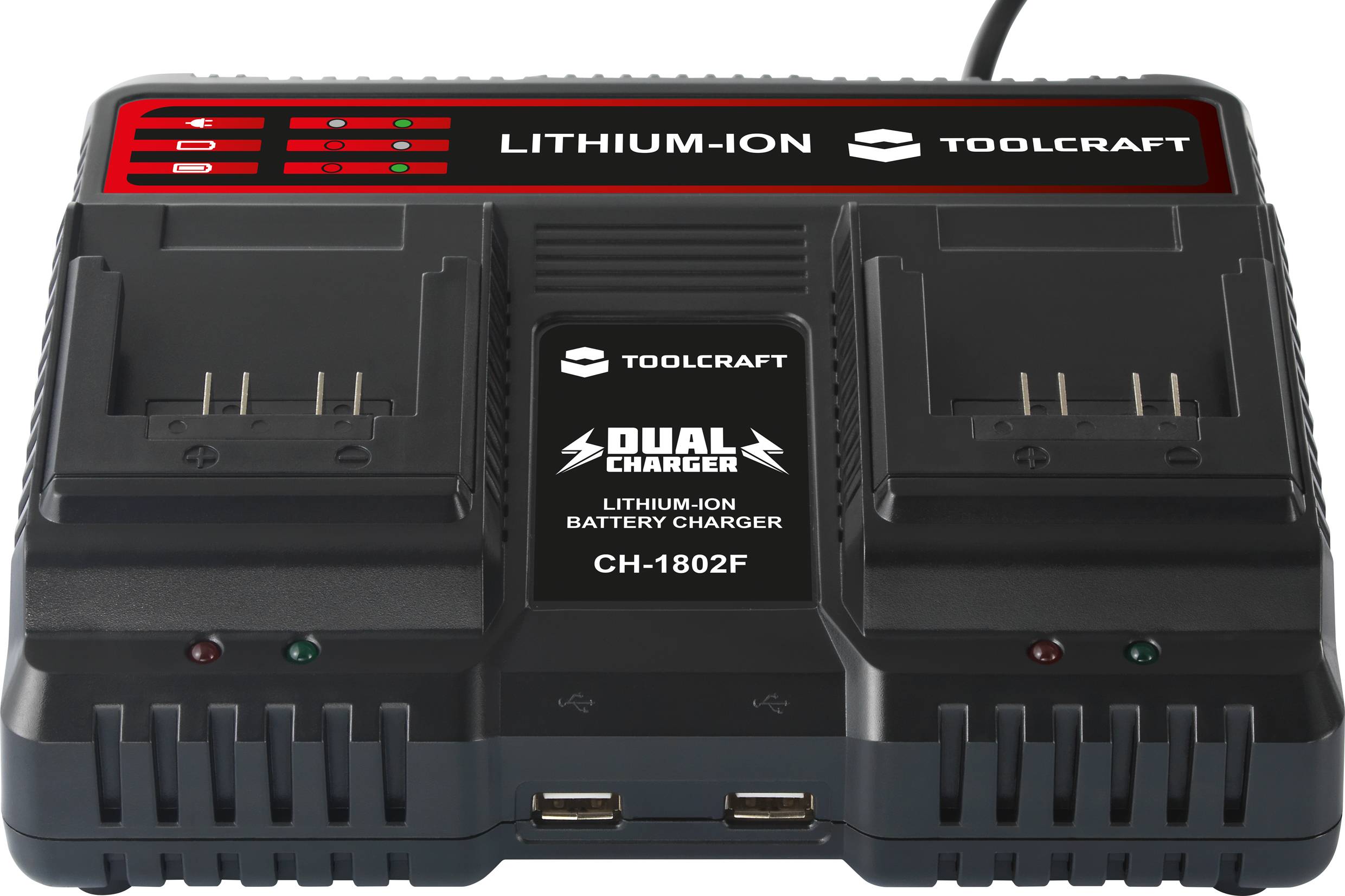 'Dual Lithium-Ion Ladegerät mit zwei Ladestationen, LED-Anzeigen und USB-Anschluss. Markenname: Toolcraft CH-1802F.'