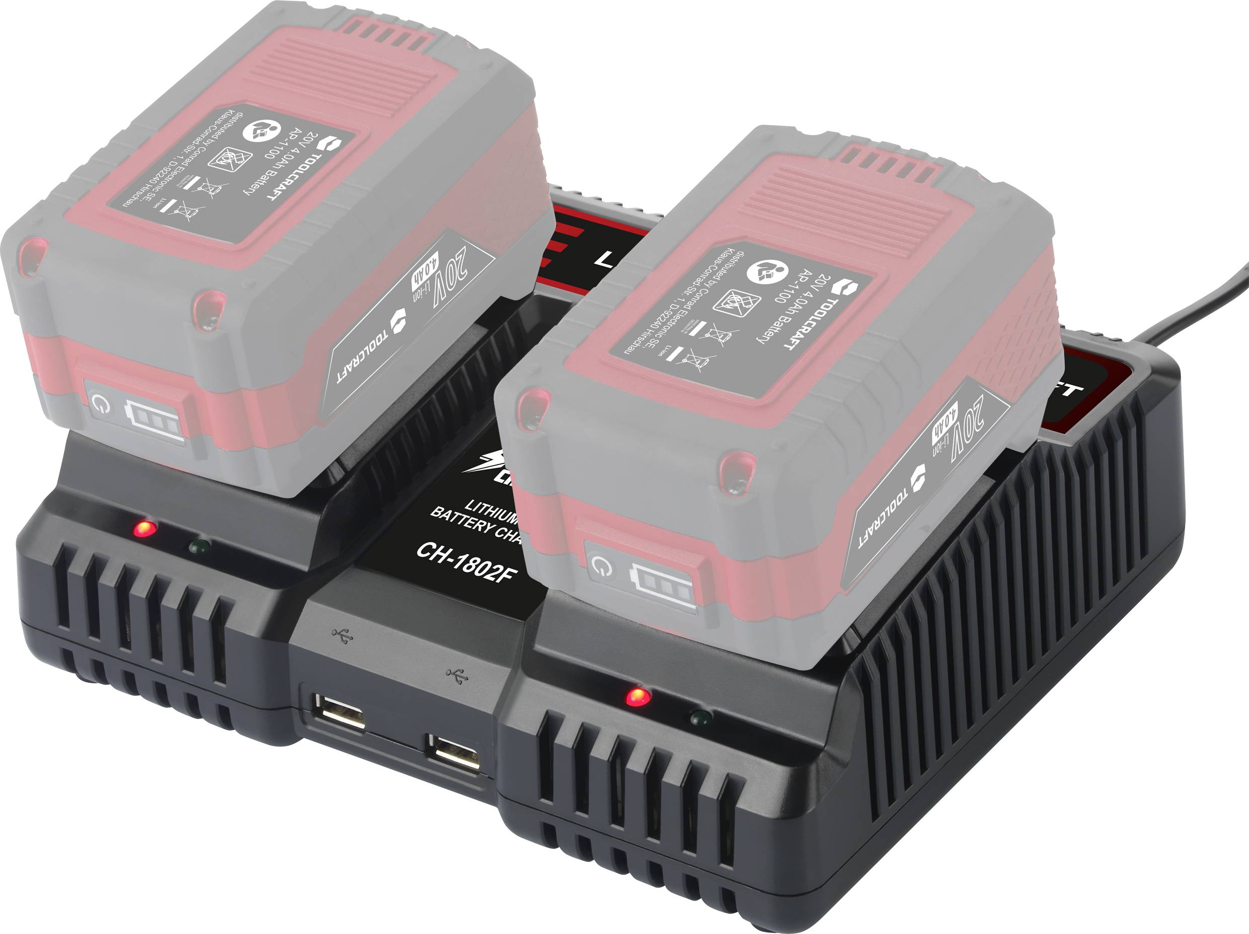 Doppelladegerät mit zwei Lithium-Ionen-Batterien. Anzeigen zeigen Ladezustand. Geräte symbolisieren Leistungswerkzeuge.