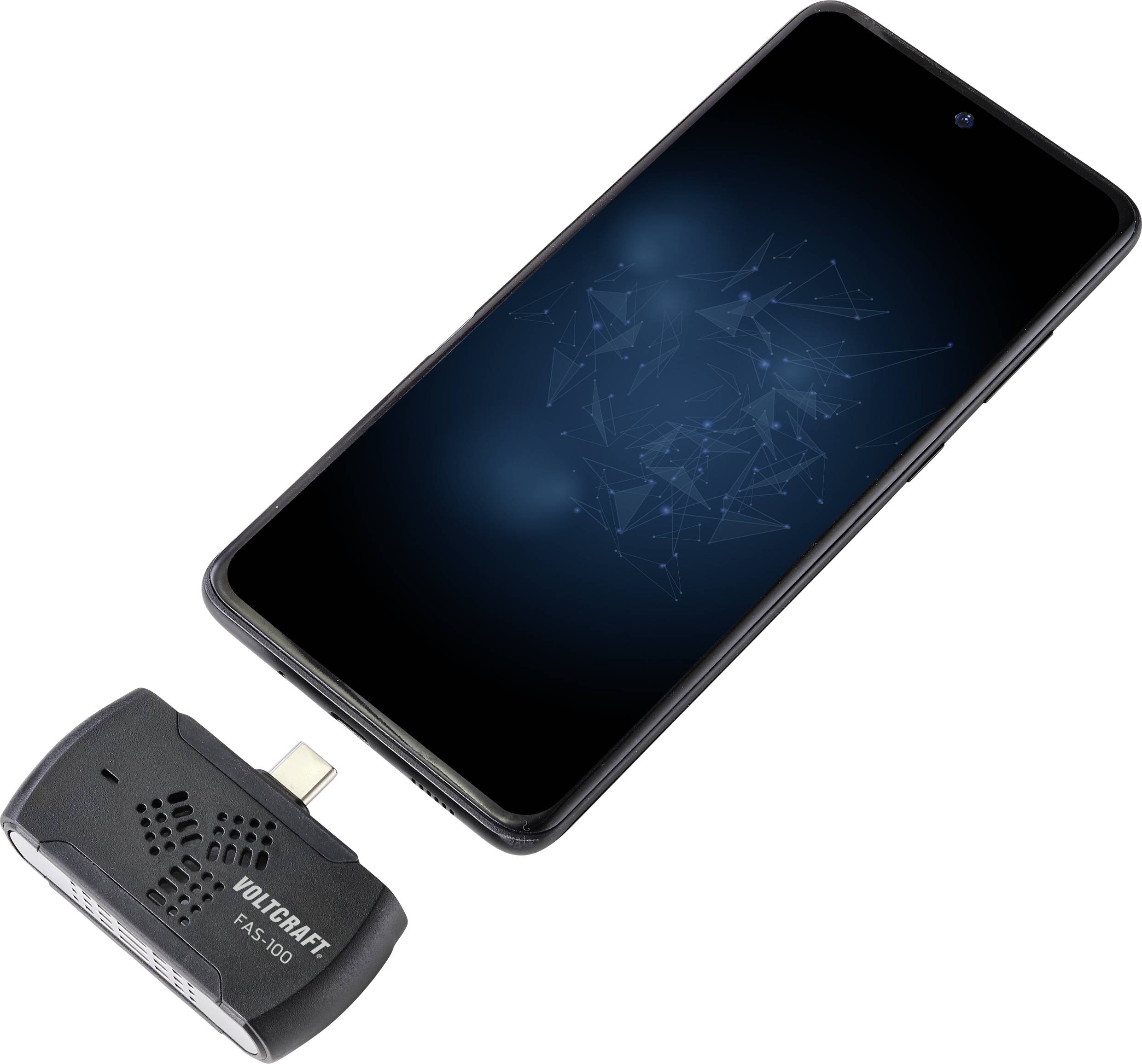 Ein Smartphone mit dunklem Display liegt neben einem COM-Adapter von VOLTCRAFT. Der Adapter hat einen USB-C-Anschluss.