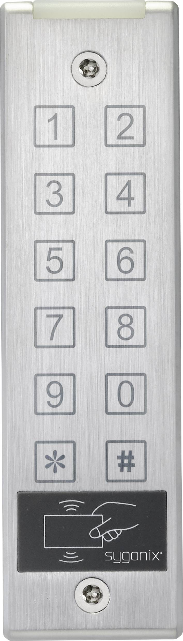 Metallisches Keypad mit Ziffern 0 bis 9, Stern- und Raute-Taste. Darunter ein RFID-Symbol mit dem Wort 'sygonix'.