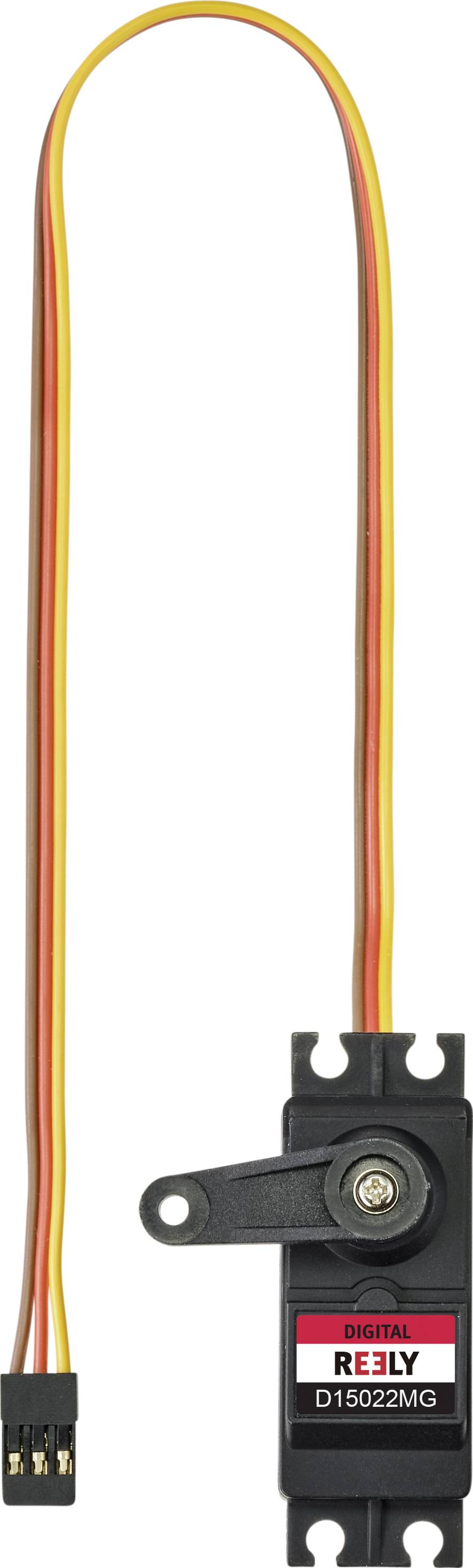 Ein digitales Servo mit drei farbigen Kabeln. Beschriftung auf dem Servo: 'Reely D15022MG'.