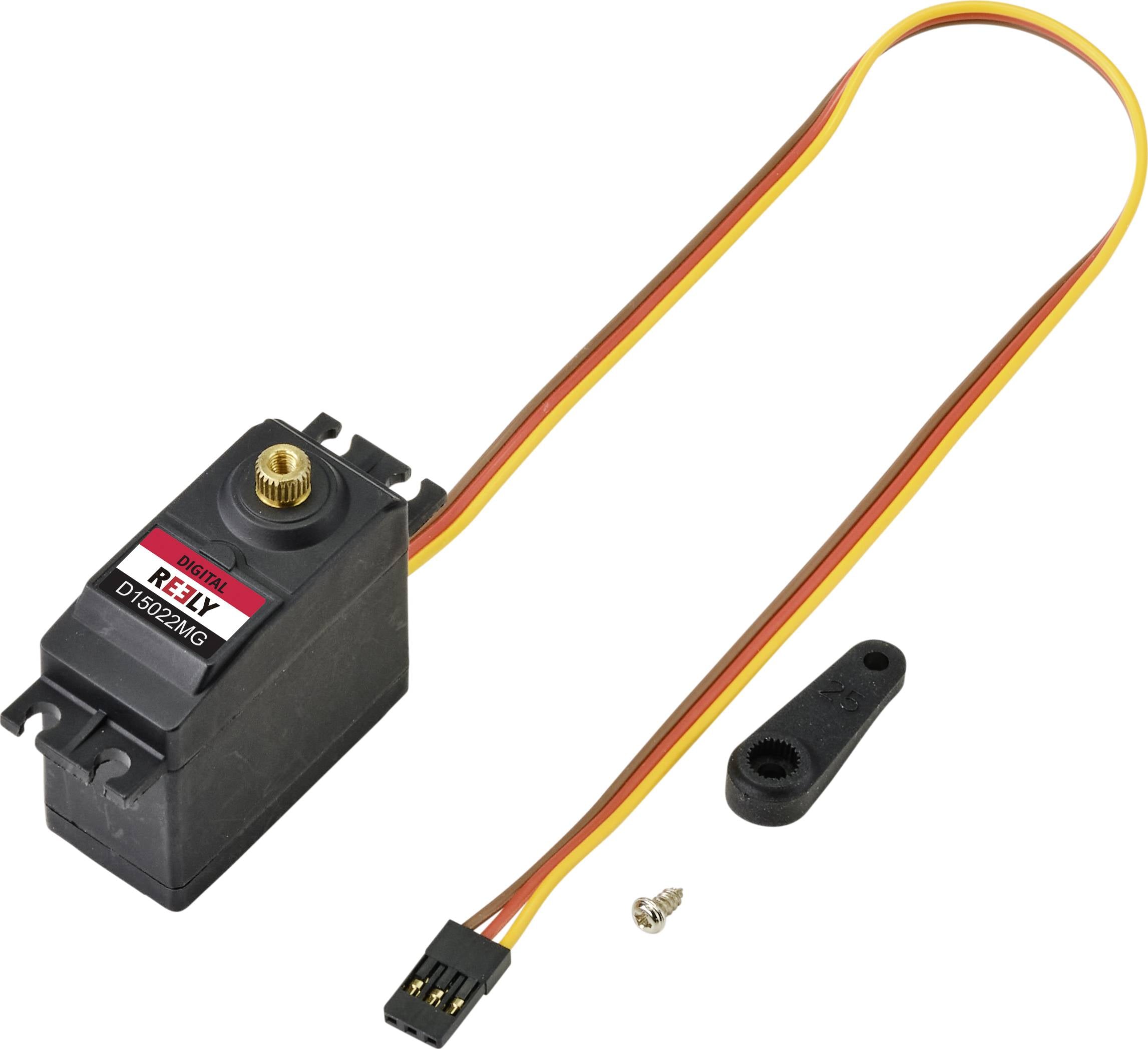 Ein schwarzes RC-Servo mit Kabelanschluss, Metallgetriebe und beiliegenden Befestigungsteilen, geeignet für Modellbauanwendungen.