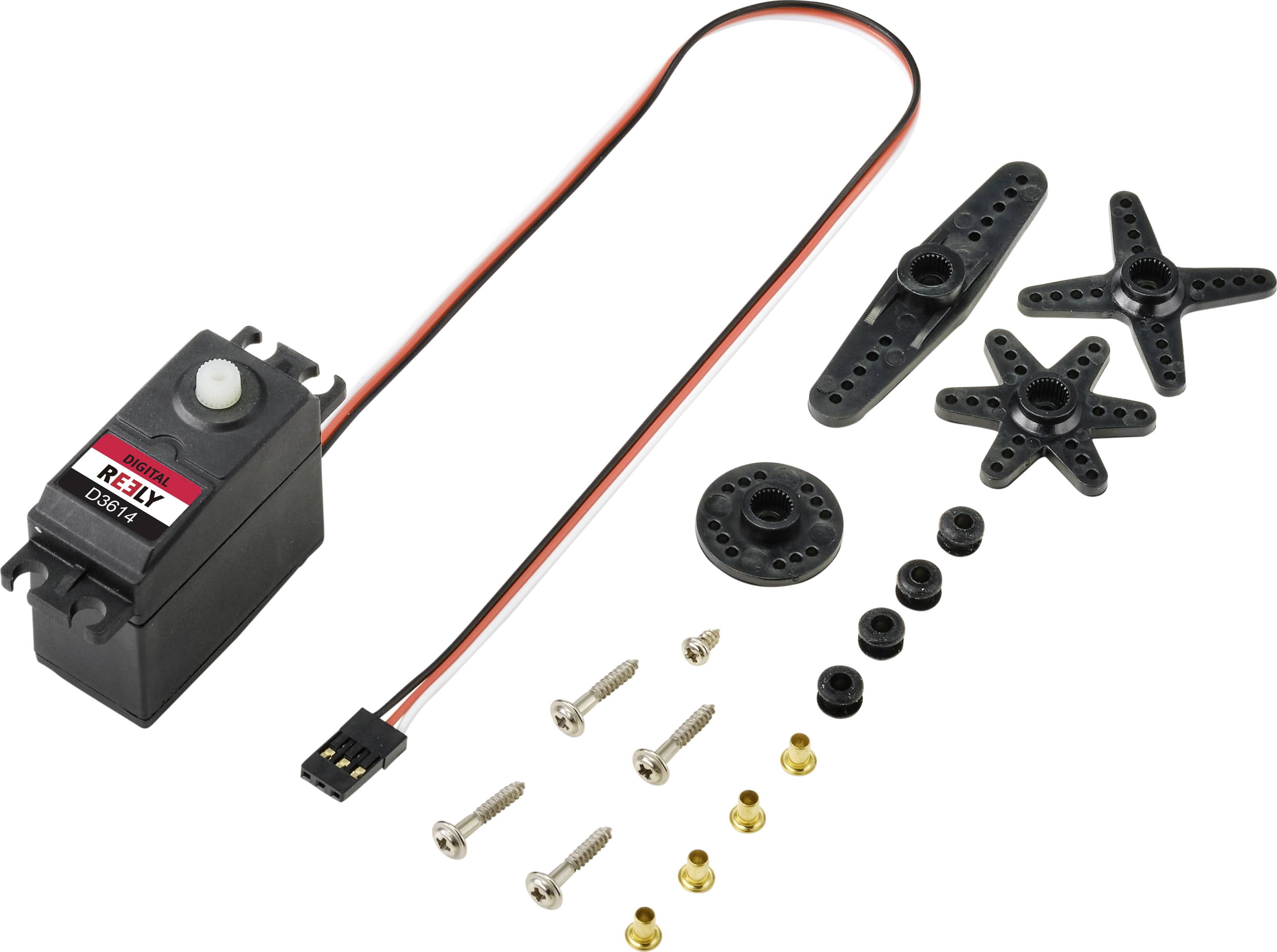 Ein Servo-Motor-Set mit Dreharmteilen, Schrauben und Kabeln, geeignet für Modellbau und Robotik-Anwendungen.