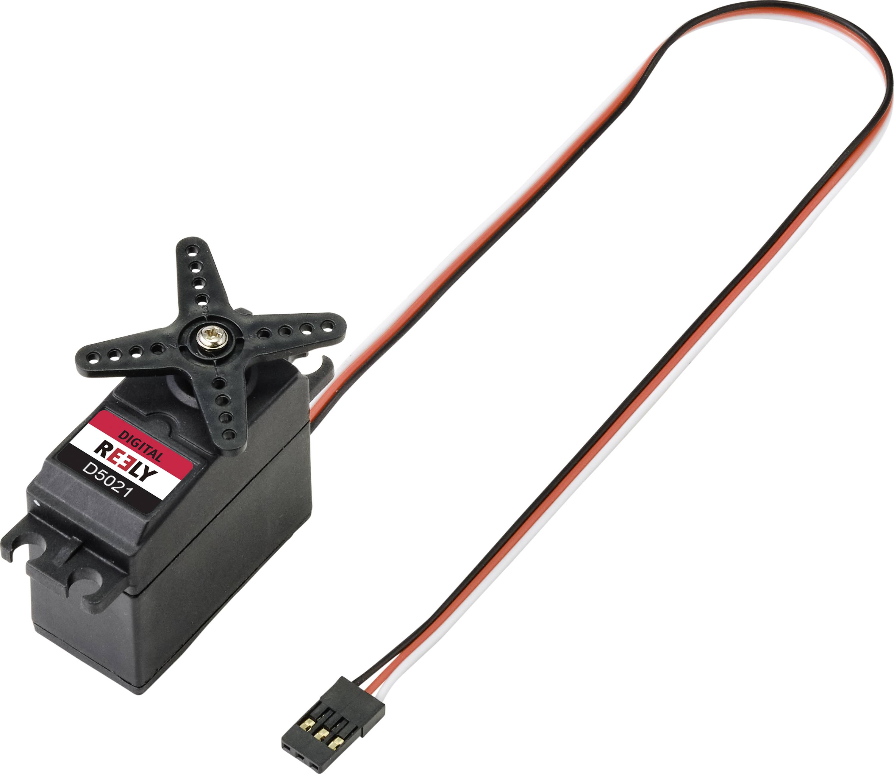 Ein schwarzes Servo-Motor-Modul mit Etikett 'RDS 01', Kabel mit drei Drähten endet in einem Stecker.