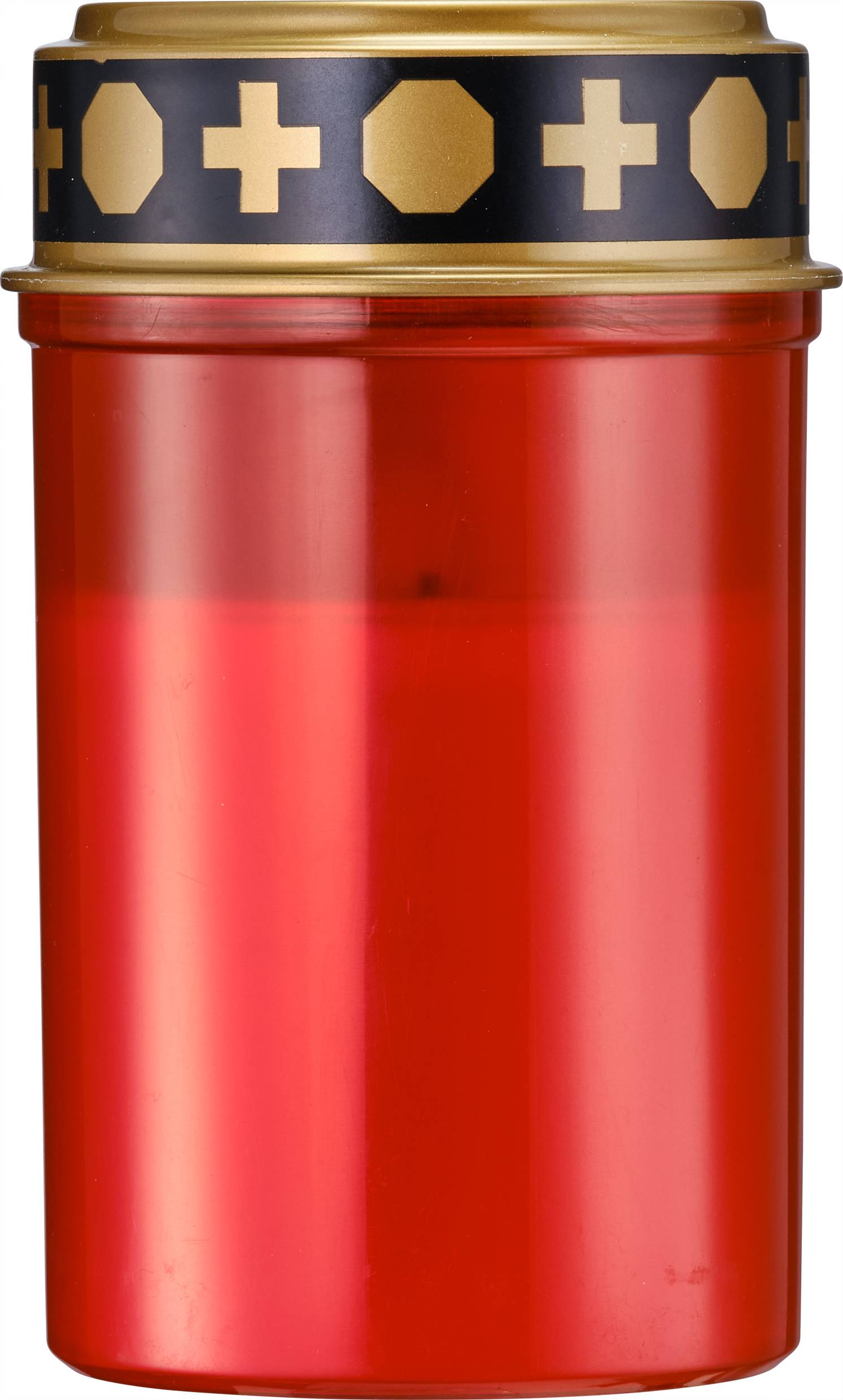 Rotes Grablicht mit goldenem Deckel verziert mit Kreuzen.