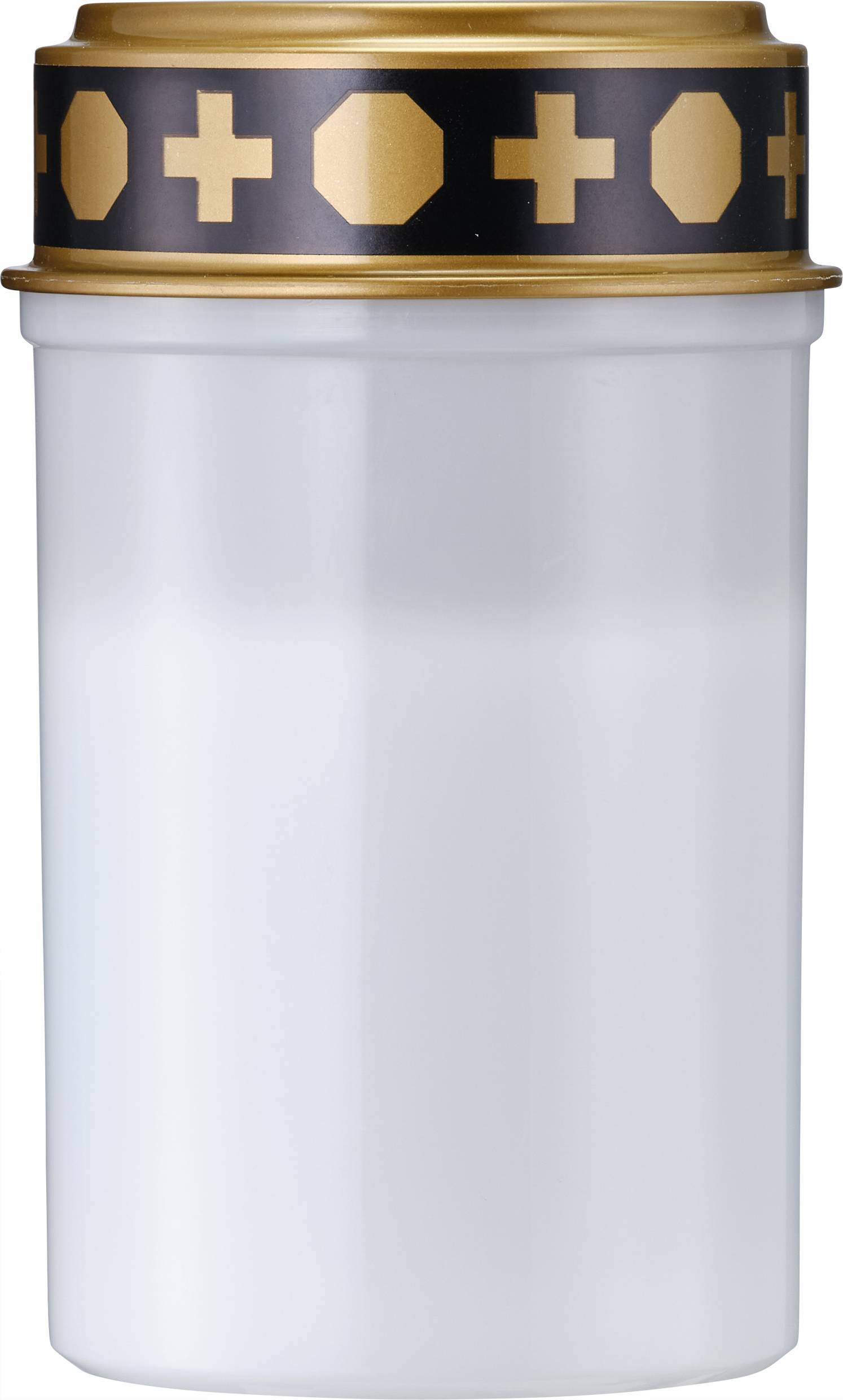 Eine weiße Grabkerze mit goldenem Deckel und schwarzem Band mit goldenen Kreuzen und Oktagonen.