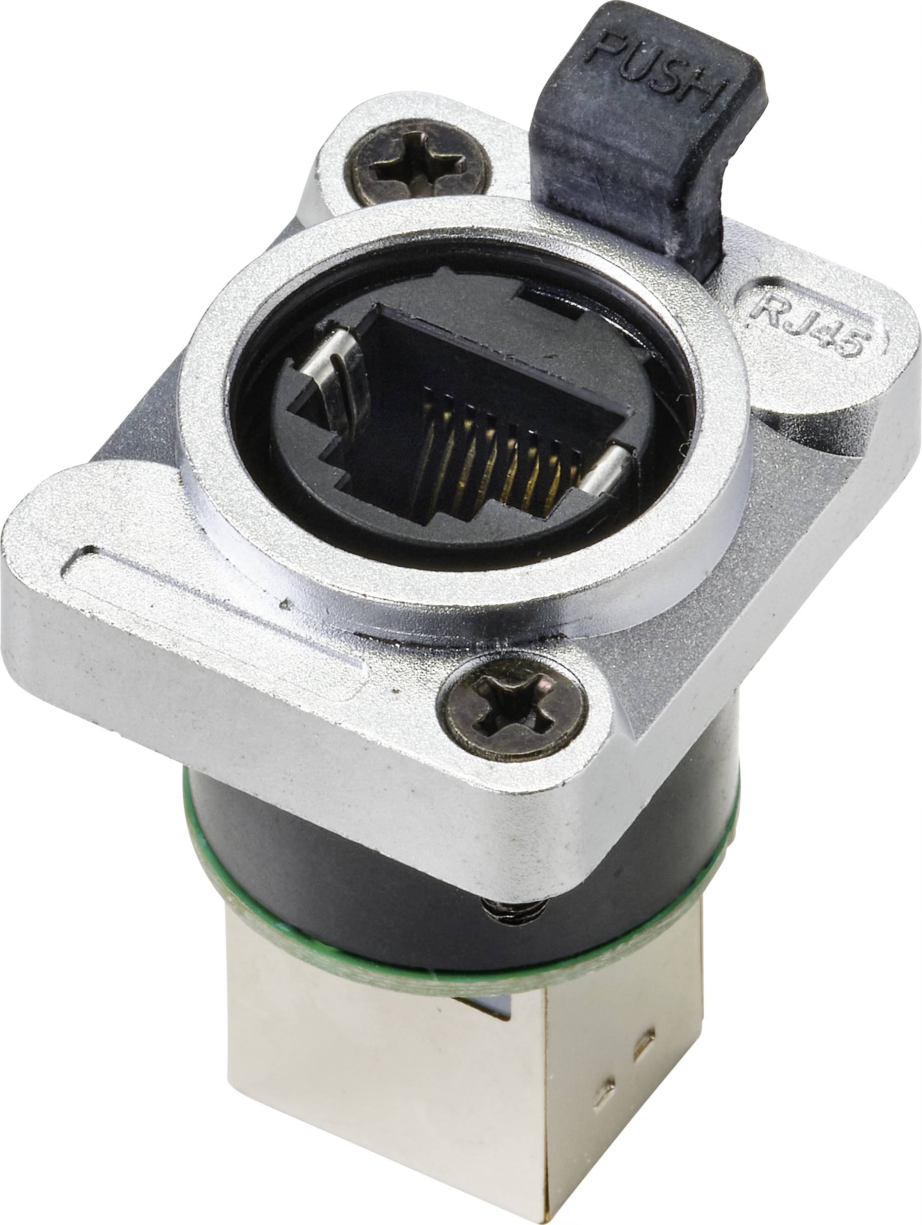 'Steckdose für RJ45-Netzwerkstecker mit Metalleinfassung und Push-Mechanismus.'