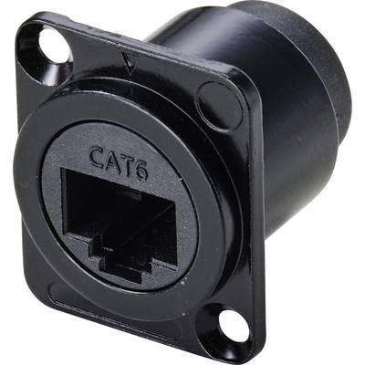 Schwarze CAT6-Netzwerkbuchse mit rechteckiger Grundplatte und zwei Schraublöchern zur Wandmontage.
