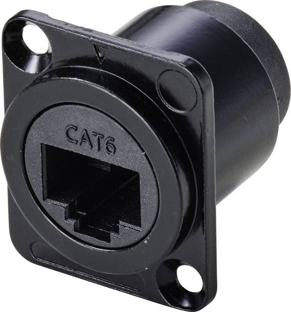 TRU COMPONENTS TC-9554644 RJ45 Durchgangs-Einbaubuchse D-Form CAT 6 Buchse, gerade Polzahl Sensoren 8P8C Schwarz 1 St.