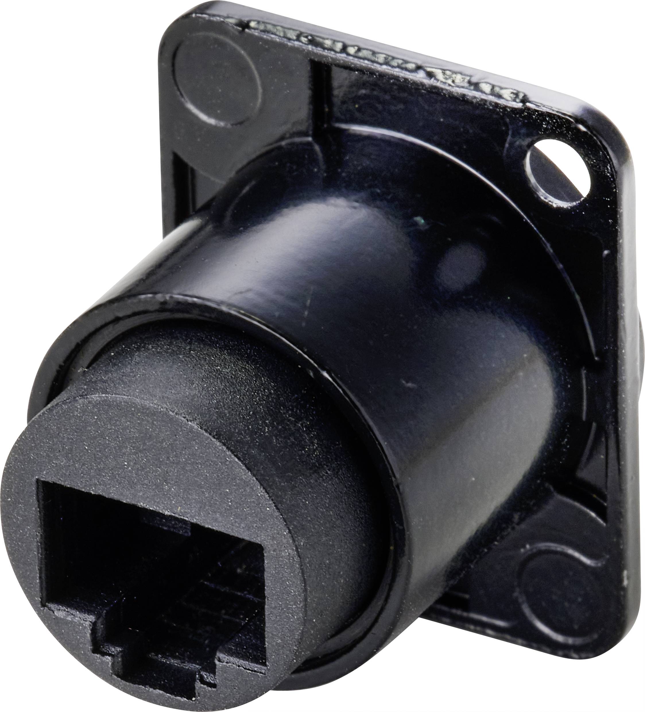 Ein schwarzer Ethernet-Anschluss in quadratischer Einbauform mit runder Öffnung und zwei Befestigungslöchern.