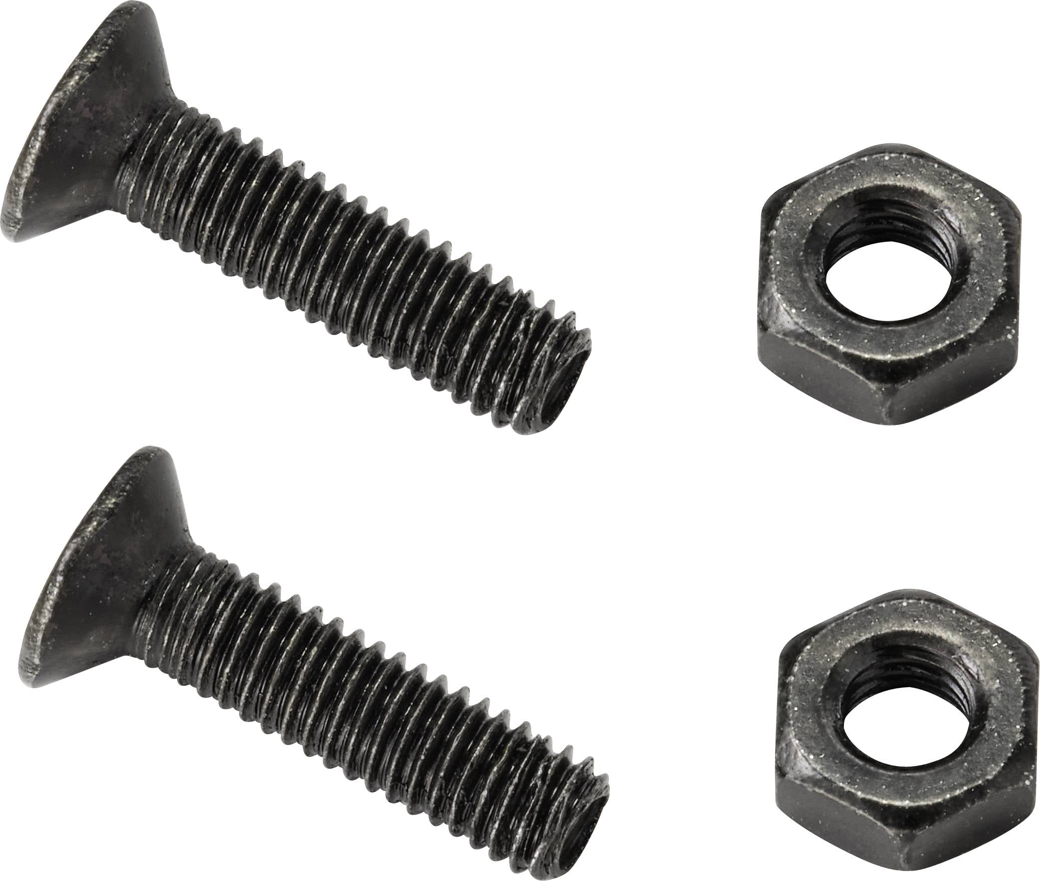 Zwei schwarze Schrauben und zwei Muttern aus Metall, nebeneinander liegend, auf weißem Hintergrund.