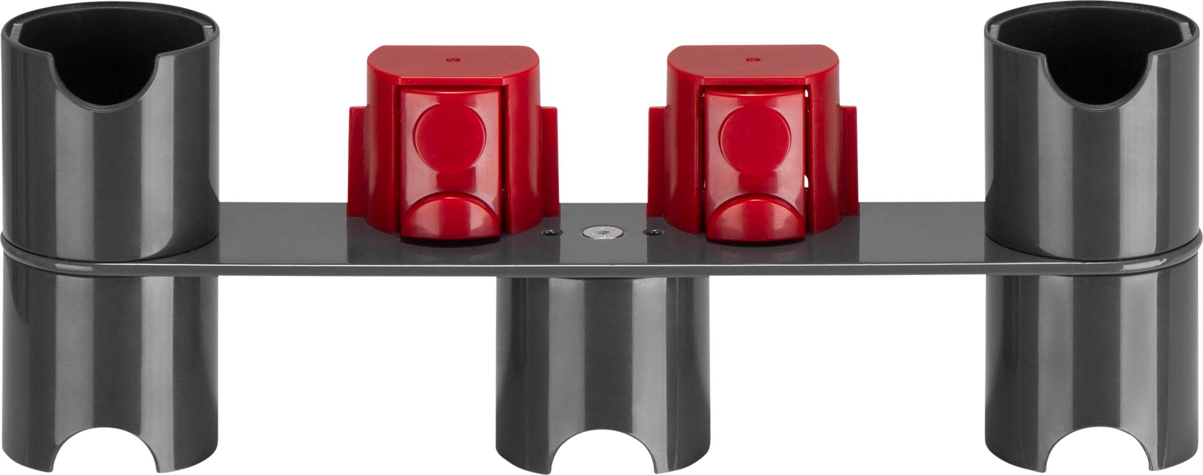 Ein schwarzer Kunststoffhalter mit vier Röhren, darin zwei rote, runde Druckknöpfe. Geeignet für industrielle Anwendungen.