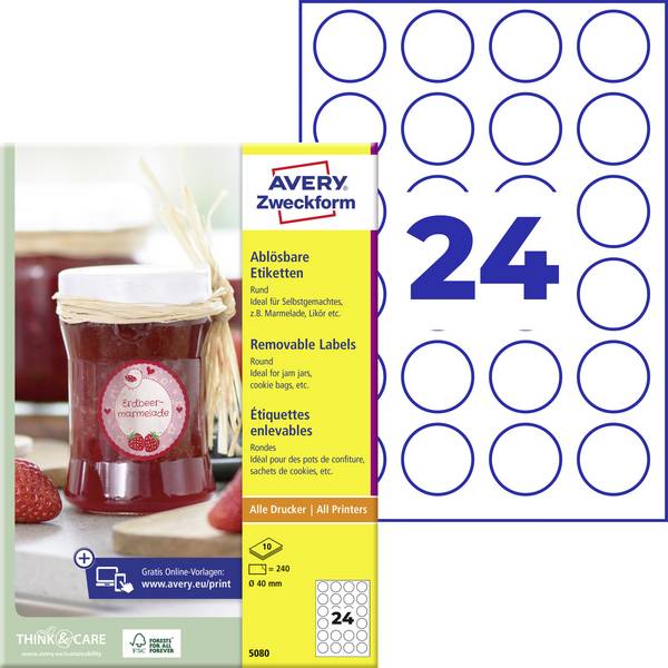 Avery-Zweckform 5080 Universal-Etiketten Ø 40 mm Papier Weiß 1 Set Wiederablösbar Tintenstrahldrucker, Laserdrucker, Farblaserdrucker