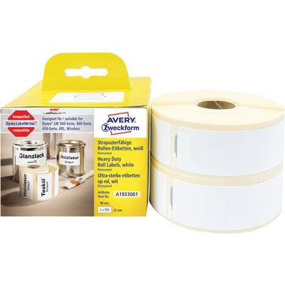 Avery Zweckform Etikettenrollen in weißer Verpackungsbox, mit kompatiblen Dymo LabelWriter-Druckern und zwei großen weißen Etikettenrollen daneben.
