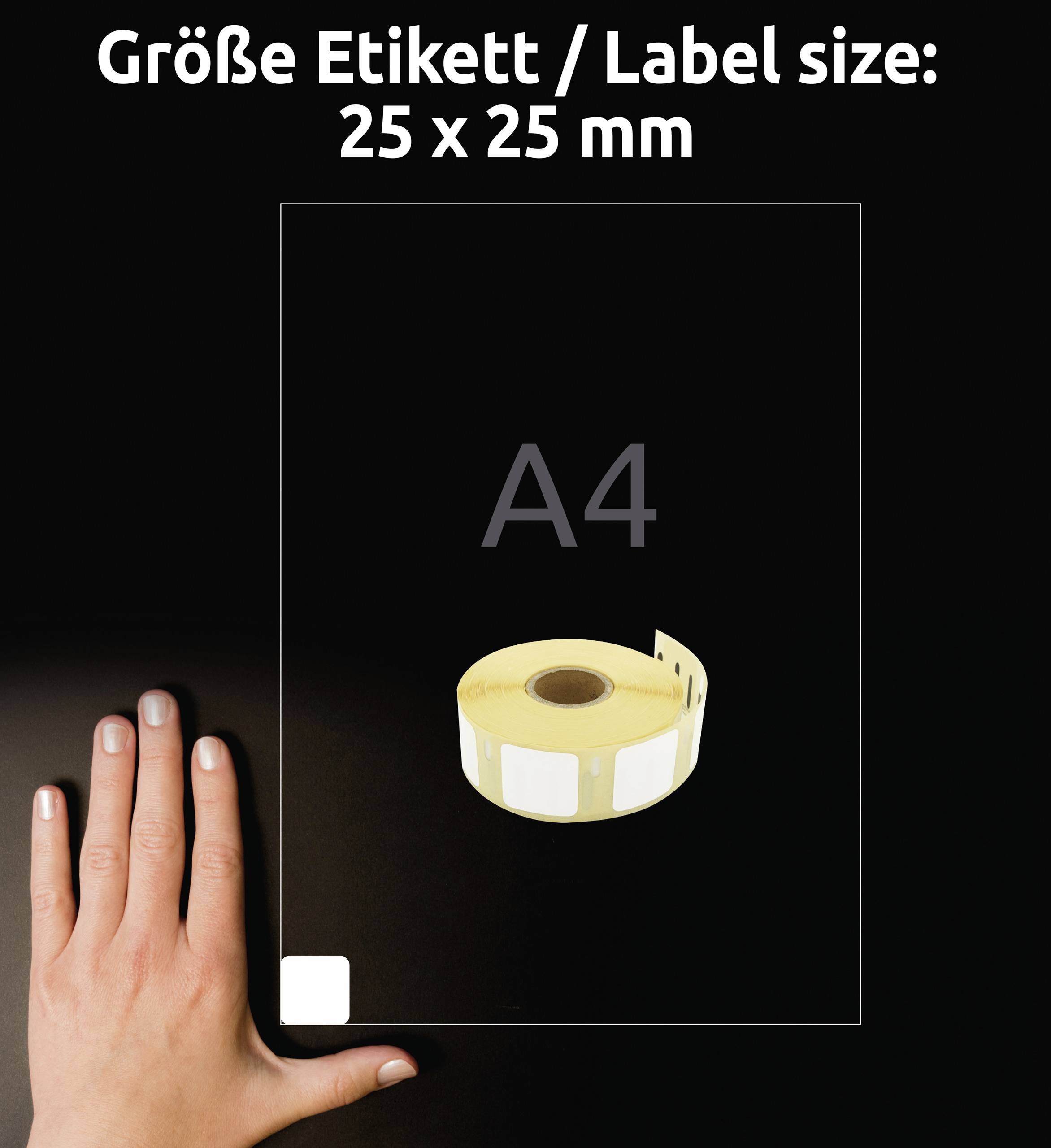 Rolle mit quadratischen Etiketten, Größe 25 x 25 mm, auf einer A4-Blattgröße gezeigt. Links daneben eine Hand zur Größenreferenz.