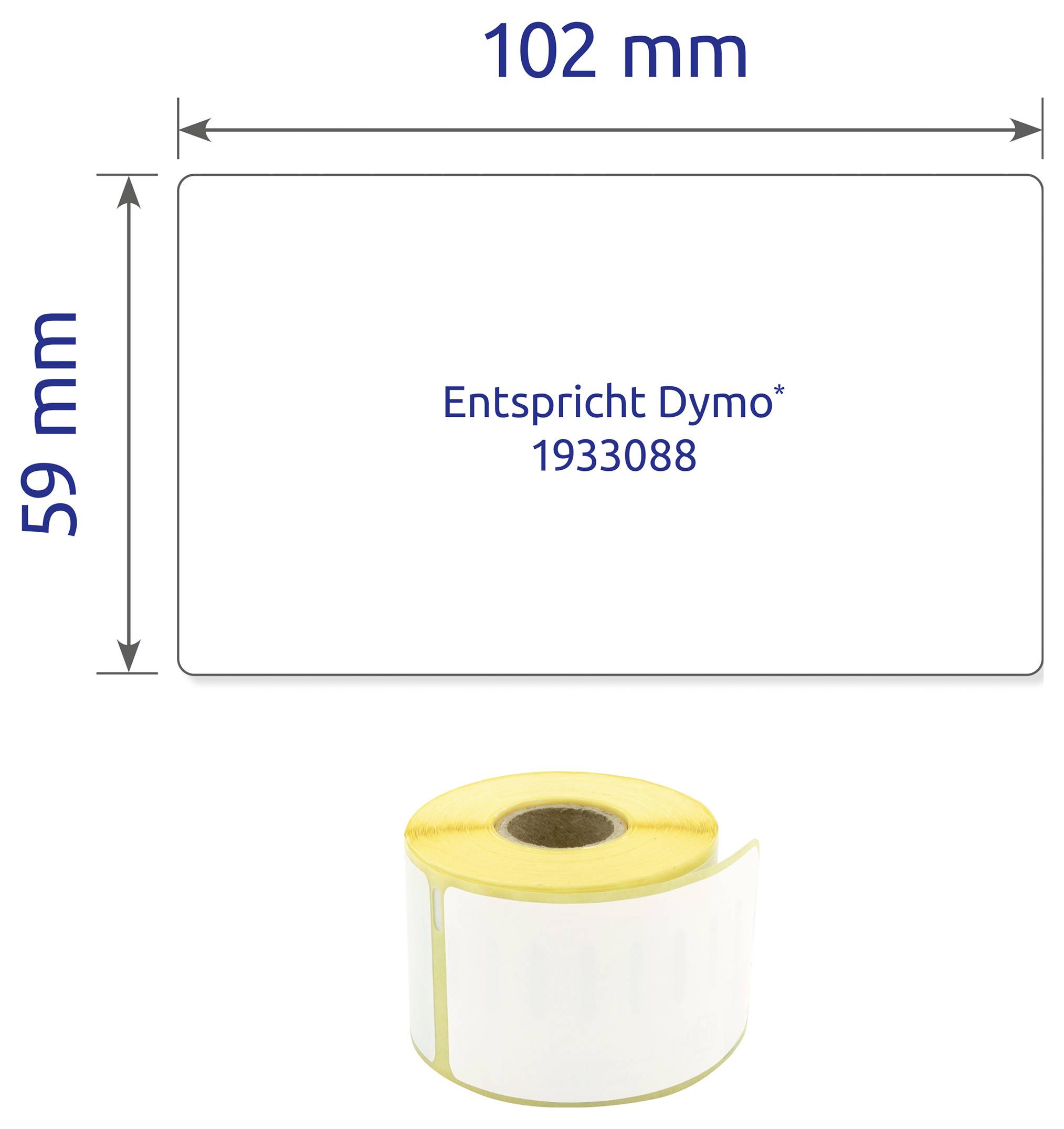 Abbildung eines Etikettenrolls mit Maßangaben 102 mm × 59 mm; Hinweis 'Entspricht Dymo 1933088'.<br>