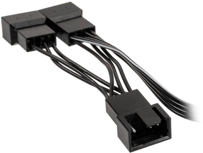 'Schwarzer dreifacher Lüfter-Adapterkabel-Splitter mit drei weiblichen und einem männlichen Anschluss, verwendet für PC-Gehäuse-Lüfter.'