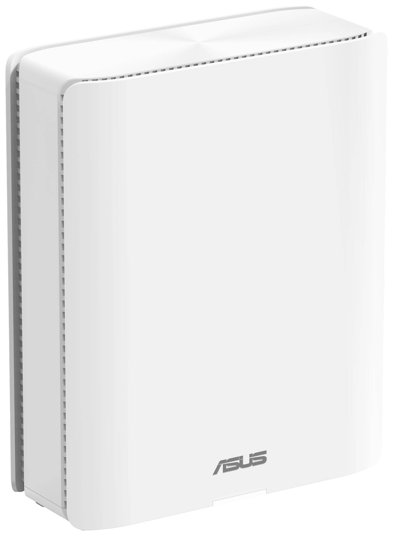 Weißer ASUS-WiFi-Router mit vertikalem Design, abgerundeten Kanten und Lüftungsschlitzen an den Seiten, auf neutralem Hintergrund.