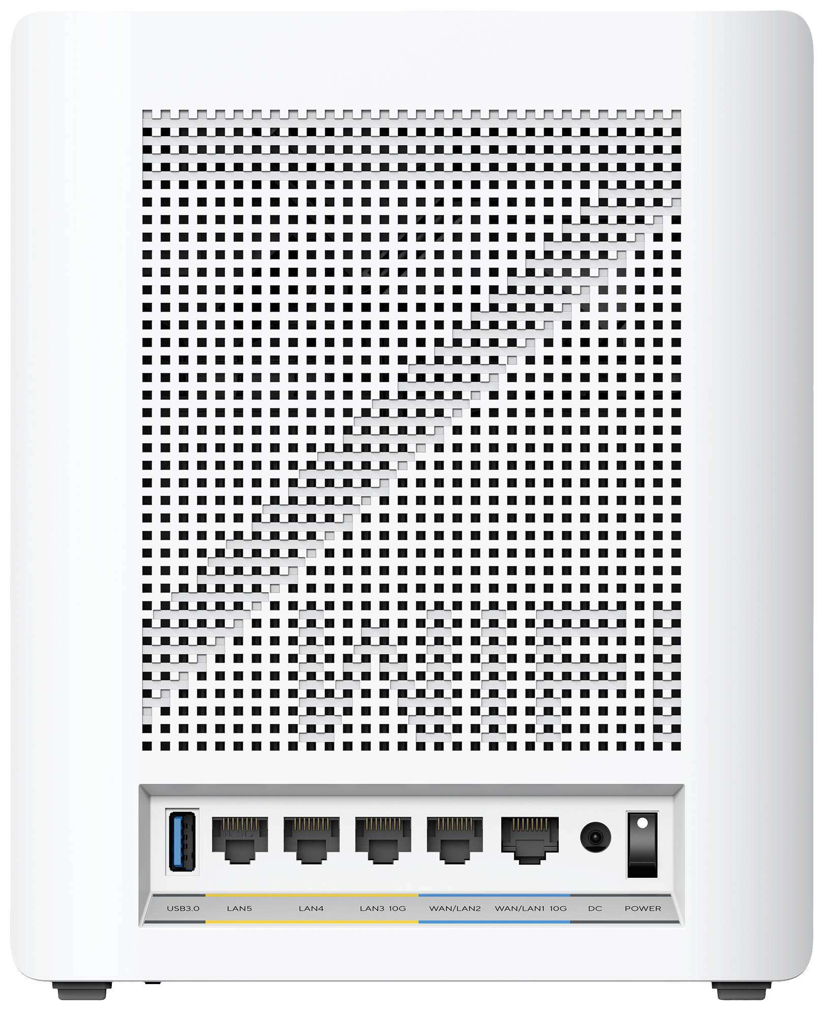 Eine weiße Netzwerkgerät mit mehreren Anschlüssen auf der Rückseite, darunter Ethernet- und USB-Anschlüsse.