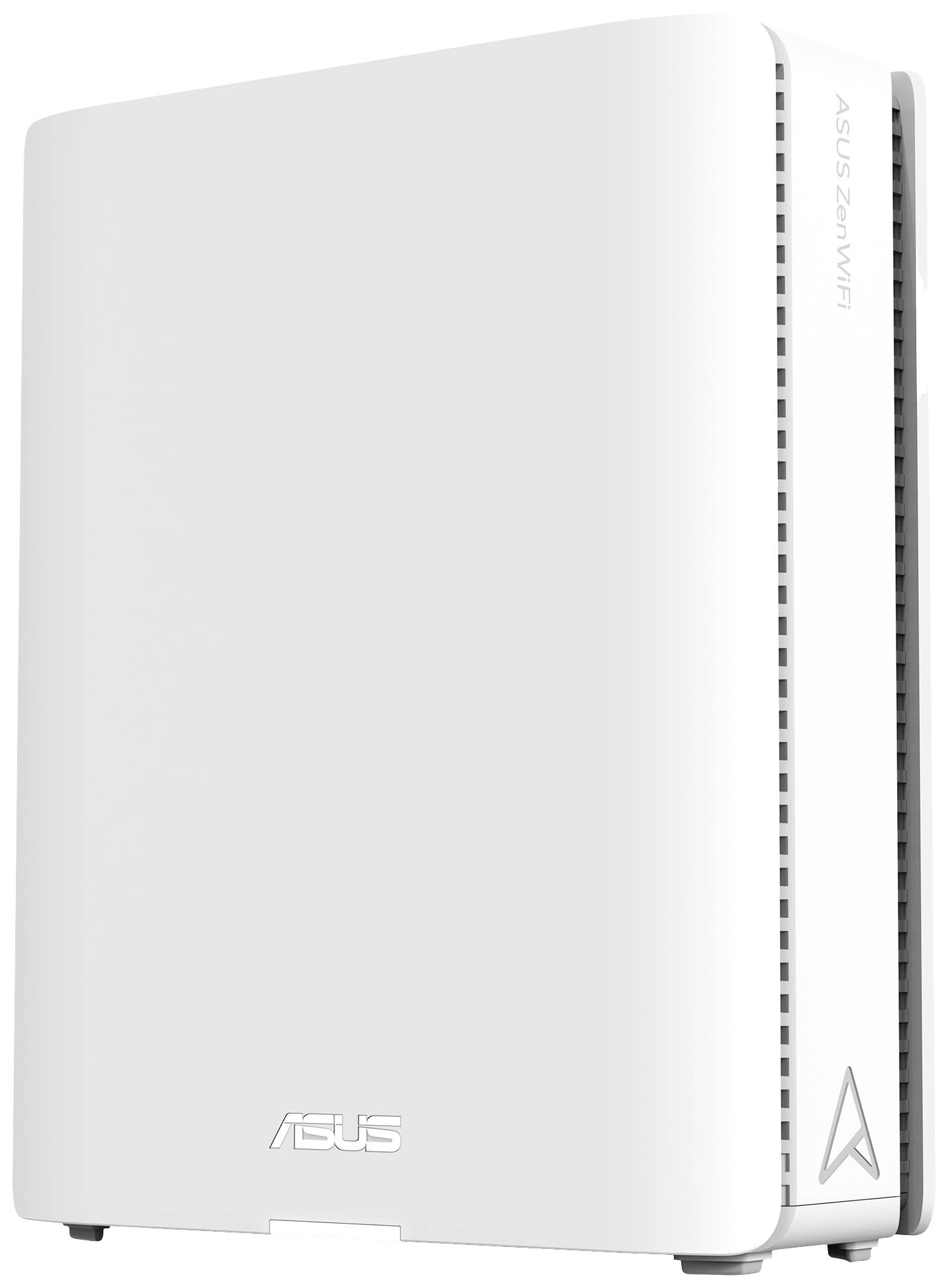 Ein weißer Asus ZenWiFi-Router mit vertikalem Design und seitlicher Lüftungsöffnung. Firmenname und Symbol sind sichtbar.