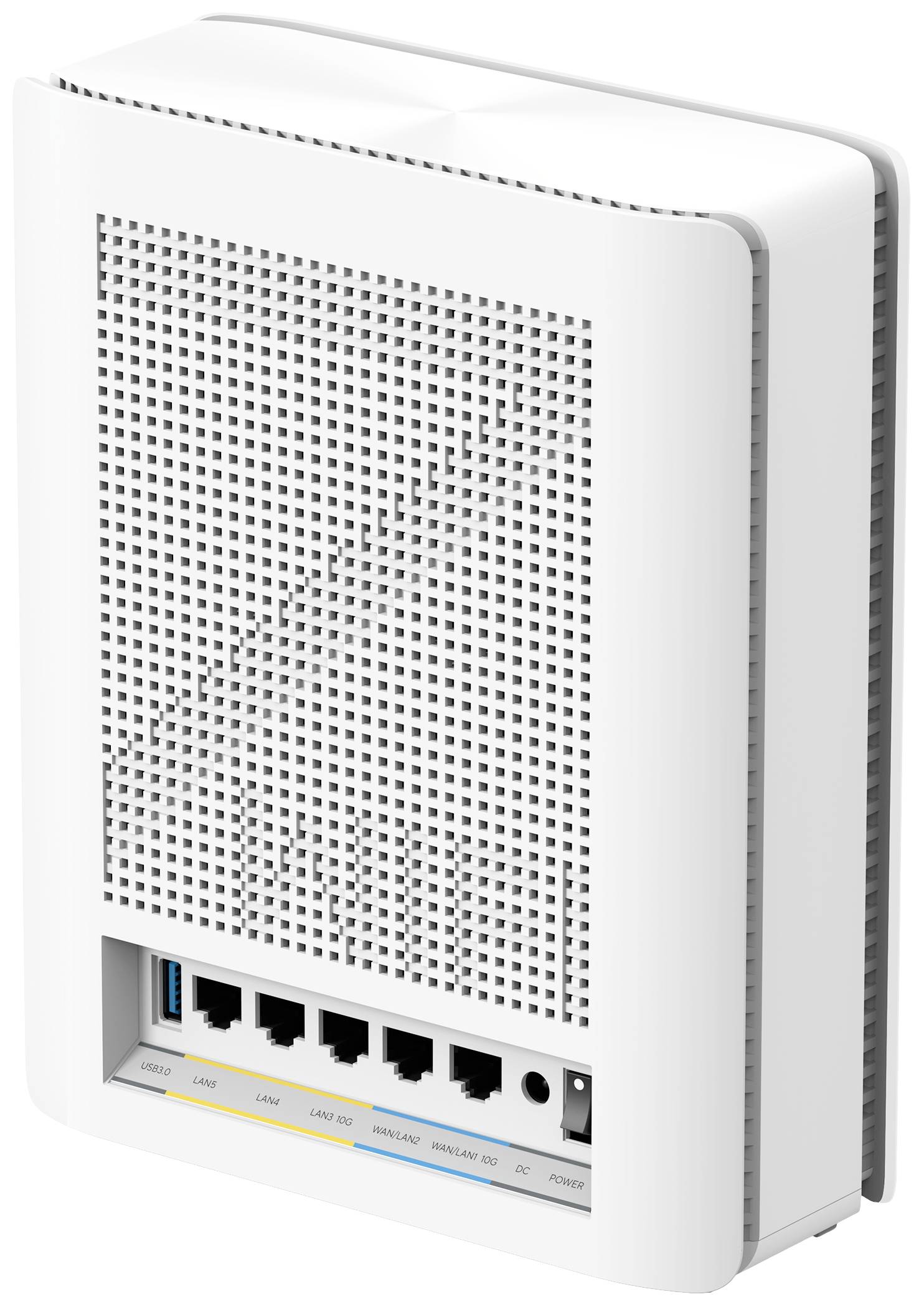 Ein weißer WLAN-Router mit mehreren Netzwerkanschlüssen auf der Unterseite, bereit für die Verbindung mit Internetgeräten.