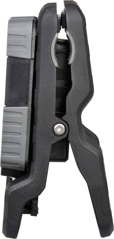 Ein schwarzer und grauer Kunststoff-Clip mit starken Backen, geeignet zum Halten von Materialien.