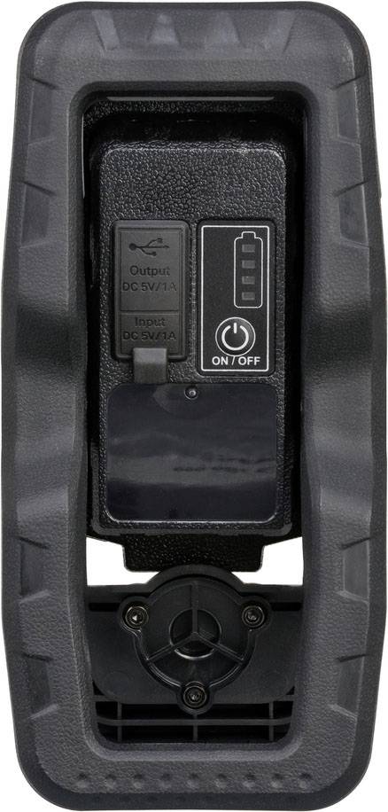 Schwarze, tragbare Stromquelle mit USB-Ausgang und LED-Anzeige für Ladezustand. Enthält Ein/Aus-Schalter.