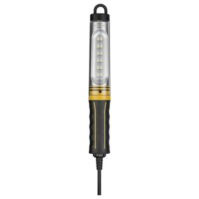 Schwarze und gelbe schnurgebundene LED-Arbeitsleuchte mit Aufhängehaken und mehreren vorderen Leuchtpanelen.