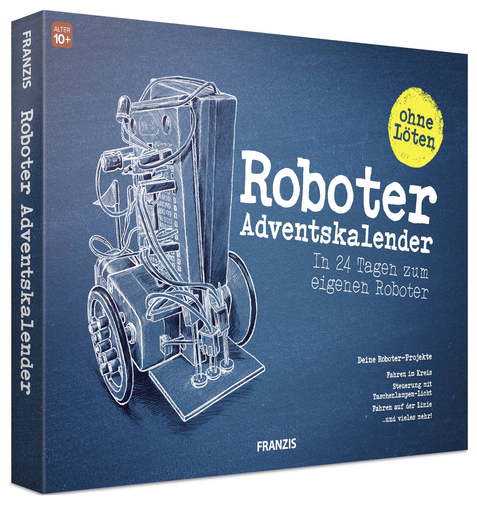 Blaue Schachtelvorderseite des "Roboter Adventskalenders" von FRANZIS, zeigt eine Roboterillustration und deutschen Text "In 24 Tagen zum eigenen Roboter" und "ohne Löten"