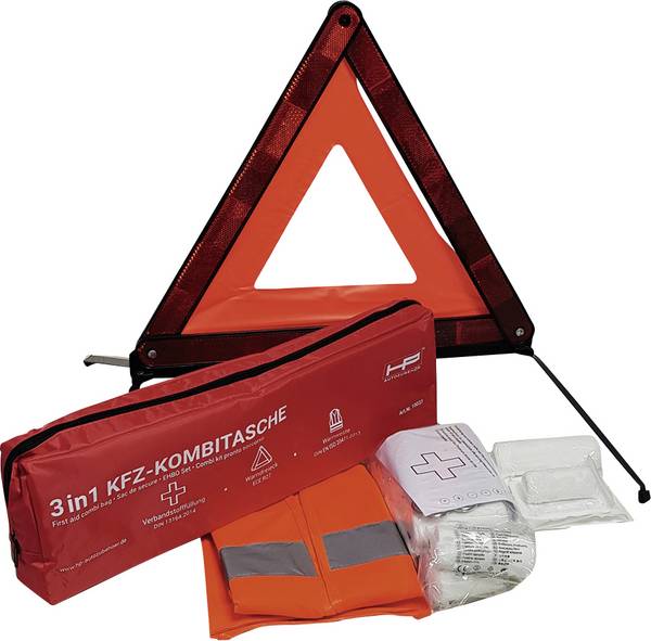 HP Autozubehör 10047 Verbandtasche Inkl. Warndreieck, Inkl. Warnweste Pkw, Motorrad, Bus, Lkw, Quad, SUV, Van, Wohnmobile, Erwachsene, Kinder (L x B x H) 14 x 44 x 5 cm DIN 13164 02-2022 1 Set