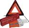 Warndreieck und rote Auto-Erste-Hilfe-Tasche mit Verband, Rettungsdecke und Warnweste.