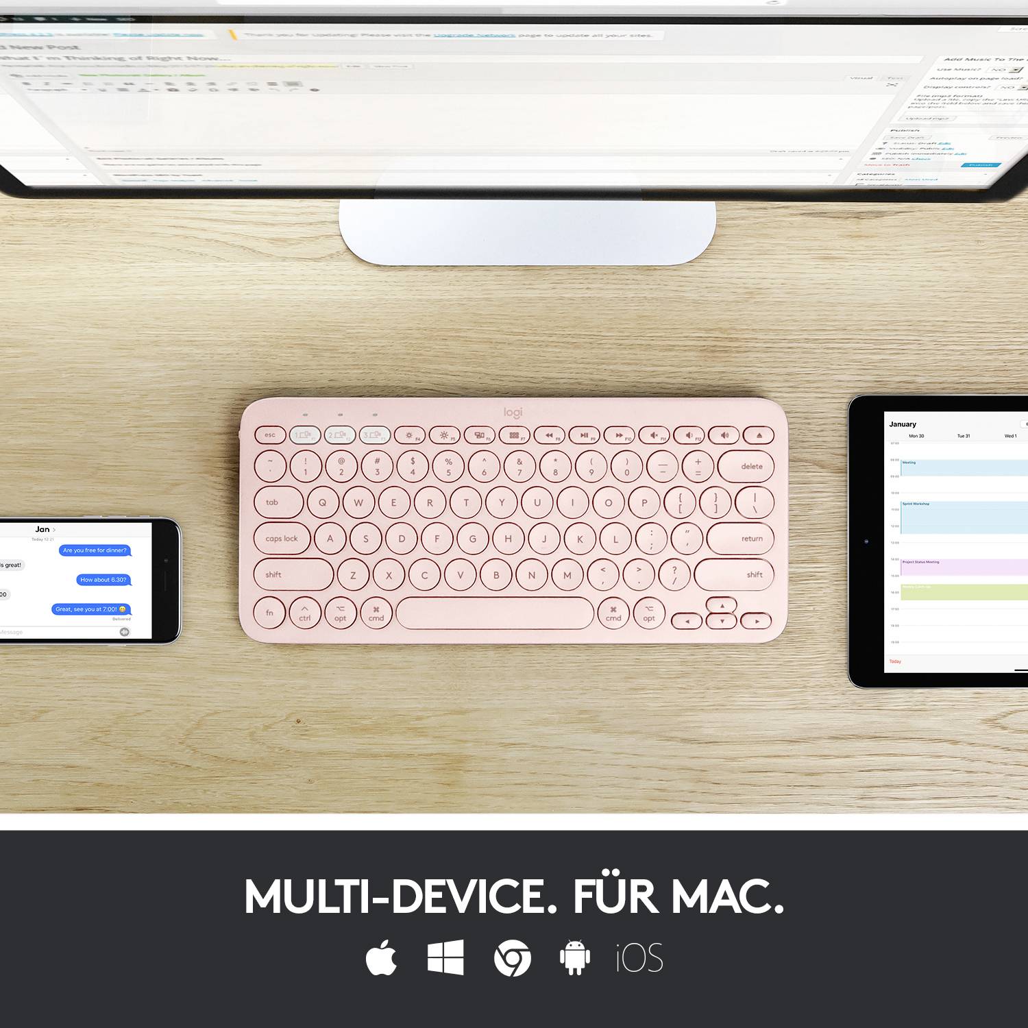 Tastatur auf Schreibtisch mit Smartphone und Tablet. Text 'Multi-Device. Für Mac.' Symbole: Apple, Windows, Android, iOS.