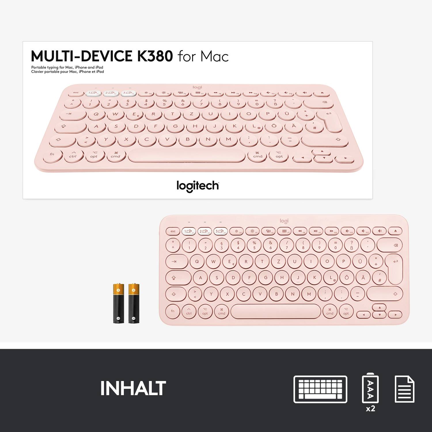 Logitech Multi-Device K380 kabellose, rosafarbene Tastatur für Mac, abgebildet mit Verpackung und zwei Batterien.