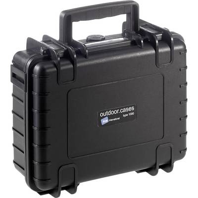 Ein schwarzer, robuster Koffer mit Griff, beschriftet mit 'outdoor.cases Type 1000'.