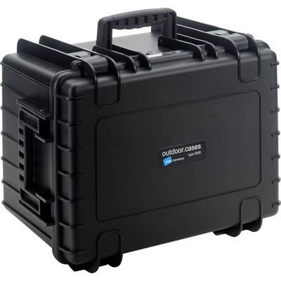 Ein schwarzer, robuster Hartschalenkoffer mit Tragegriff. Aufschrift: 'outdoor.cases'. Ideal für den sicheren Transport empfindlicher Gegenstände.