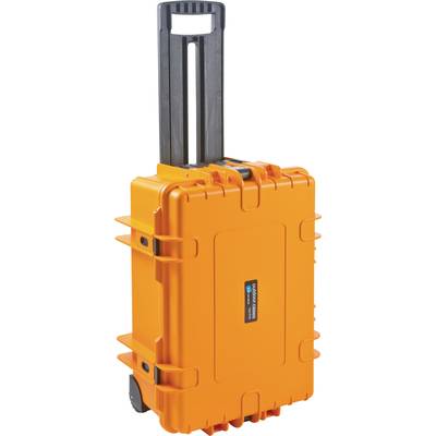 Ein orangefarbener, robuster Rollkoffer mit Griff, geeignet für den sicheren Transport empfindlicher Gegenstände.