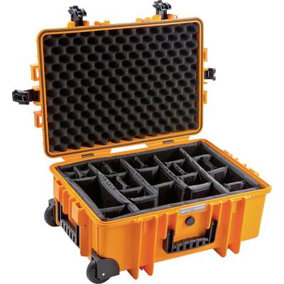 'Ortlieb-Hardcase' aus orangefarbenem Hartplastik mit offenem Deckel, zeigt gepolsterte, verstellbare Fächer für sicheren Transport.
