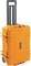 Ein orangefarbener, rollbarer Hartschalenkoffer mit Teleskopgriff, geeignet für sicheren Transport sensibler Ausrüstung.