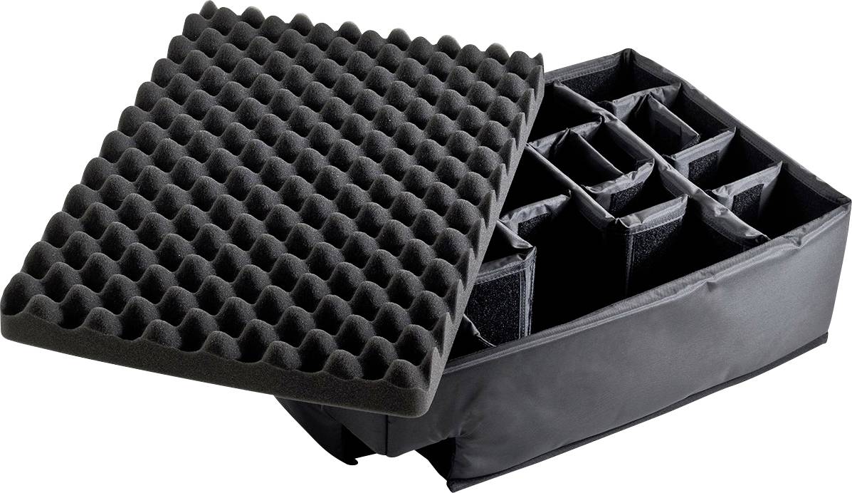 Schwarze Transportbox mit aufklappbarem Schaumstoffdeckel und verstellbaren Innenteilen zur sicheren Aufbewahrung von Gegenständen.