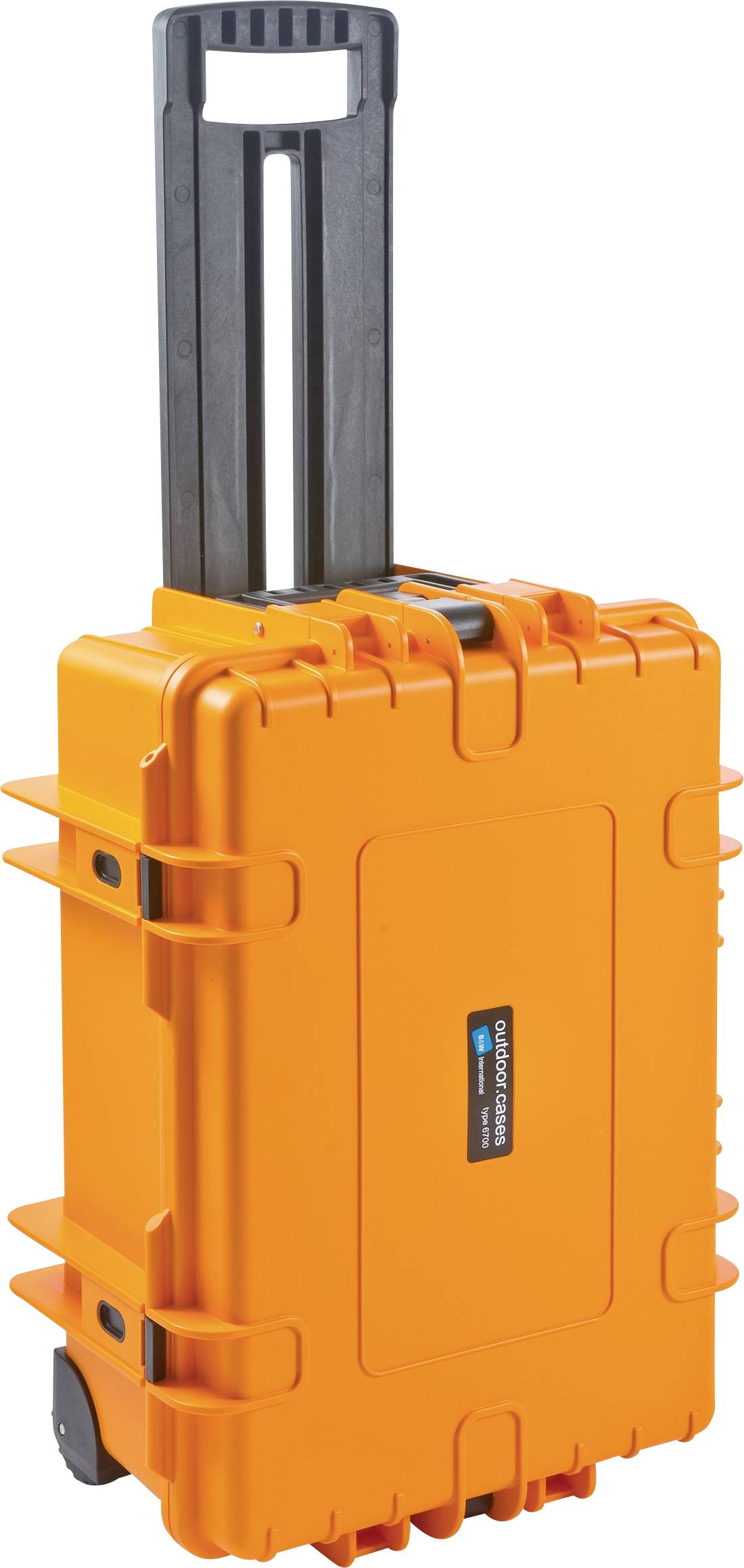 'Oranger, transportabler Schutzkoffer auf Rollen, mit ausziehbarem Griff, geeignet für sichere Lagerung und Transport sensibler Geräte.'