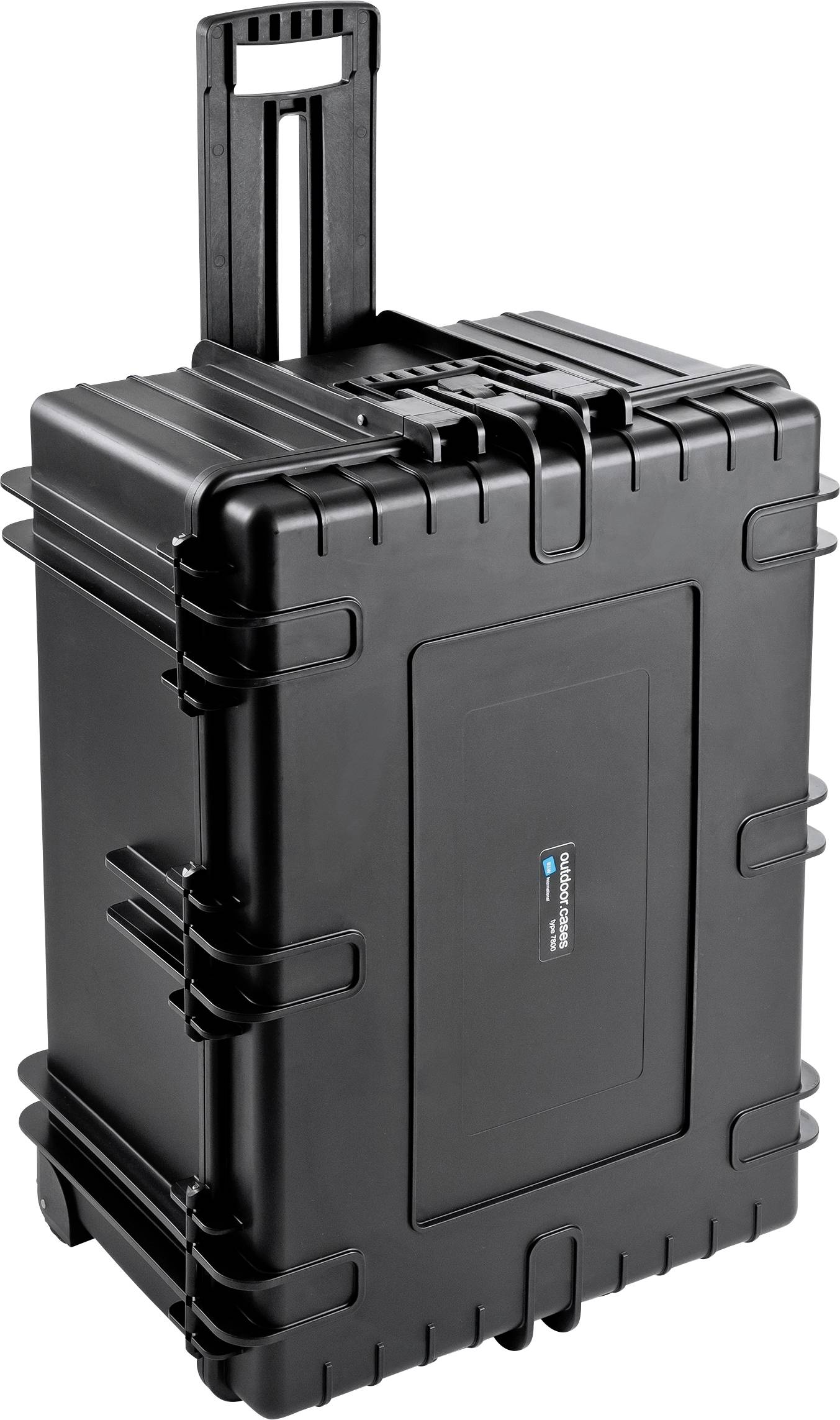 Ein großer, schwarzer, rollbarer Hartschalenkoffer mit Griff und stabilen Rändern. Ideal für den sicheren Transport empfindlicher Gegenstände.